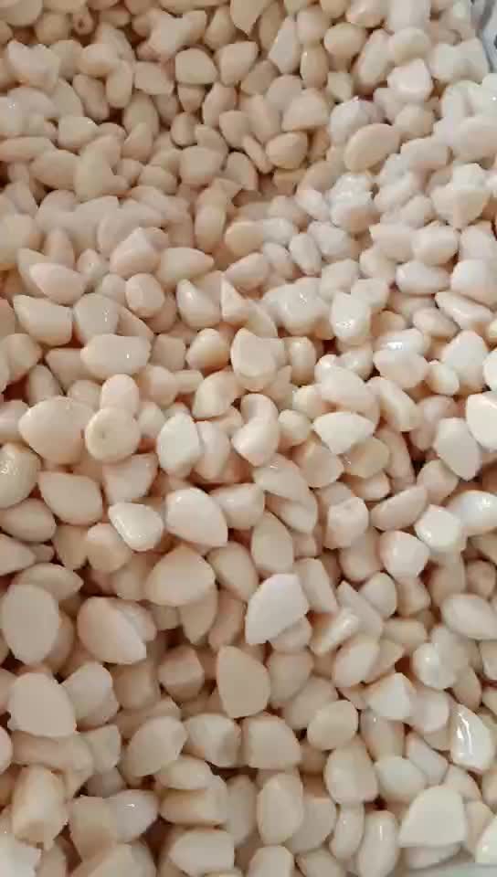 Tasty white garlic cloves in brine in drums