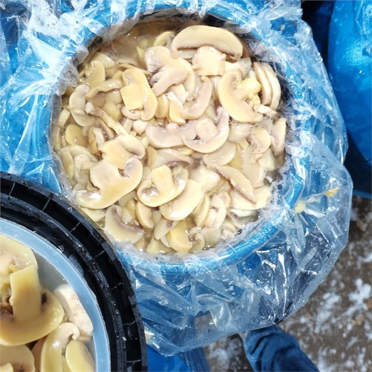 Sliced white champignon mushroom in brine in drums